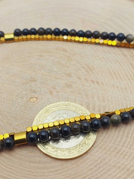 Lucid Dream Serisi Golden & Siyah Obsidyen Taşı 4mm Kolye (24290) - Resim 5