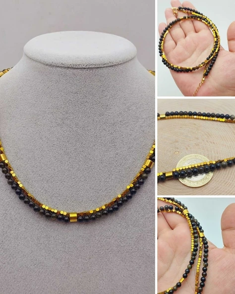 Lucid Dream Serisi Golden & Siyah Obsidyen Taşı 4mm Kolye (24290) ürün görseli
