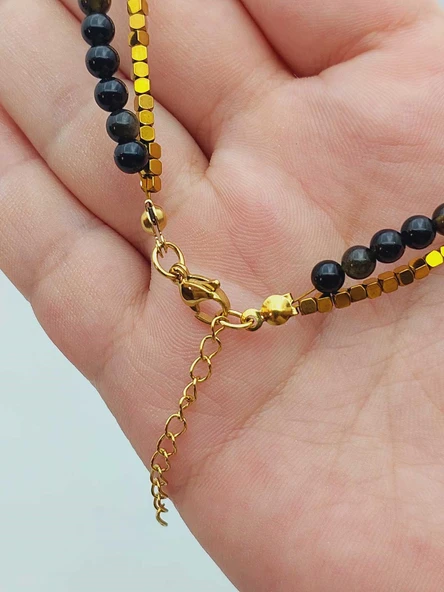Lucid Dream Serisi Golden & Siyah Obsidyen Taşı 4mm Kolye (24290) - Resim 6