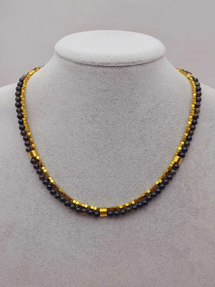 Lucid Dream Serisi Golden & Siyah Obsidyen Taşı 4mm Kolye (24290) - Resim 3