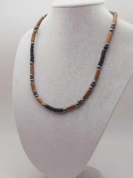 Ahşap & Hematit Tasarım Unisex Otantik Kolye (56096) - Resim 4