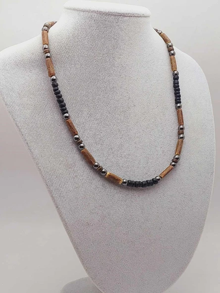 Ahşap & Hematit Tasarım Unisex Otantik Kolye (56096) - Resim 5