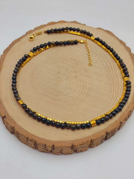 Lucid Dream Serisi Golden & Siyah Obsidyen Taşı 4mm Kolye (24290) - Resim 4