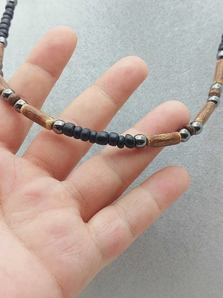 Ahşap & Hematit Tasarım Unisex Otantik Kolye (56096) - Resim 6