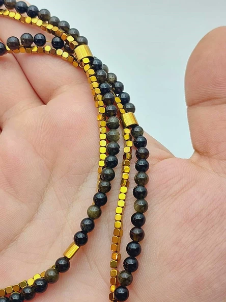 Lucid Dream Serisi Golden & Siyah Obsidyen Taşı 4mm Kolye (24290) - Resim 7