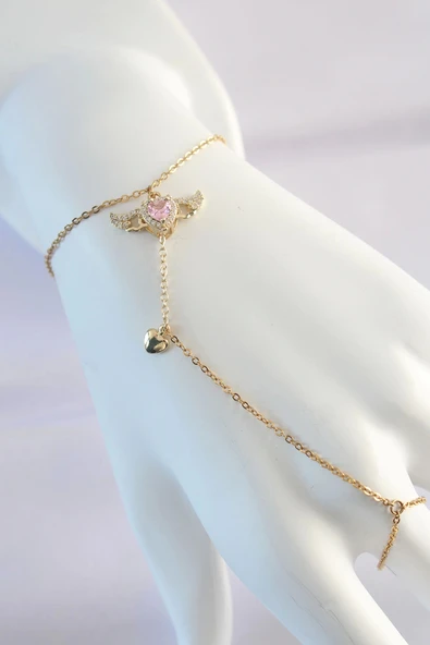 316L Çelik Gold Renk Pembe Zirkon Taşlı Kanatlı Kalp Model Şahmeran - TJ-SN585