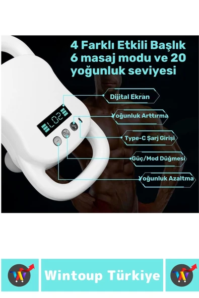 Ergonomik Kol Bacak Sırt Bel 4 Başlıklı Yoğunluk Ayarlamalı 20 Hız Seviyeli Type C Şarj Masaj Aleti - 3