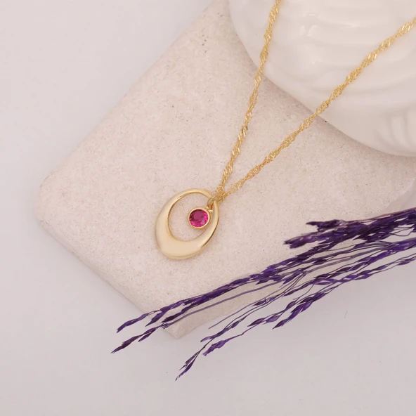 Vaoov 925 Ayar Gümüş Pembe Taşlı Singapur Zincirli Oval Kolye - Resim 3