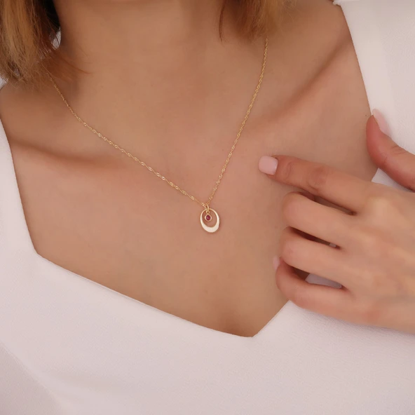 Vaoov 925 Ayar Gümüş Pembe Taşlı Singapur Zincirli Oval Kolye - Resim 2