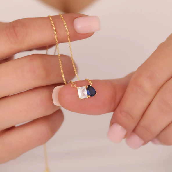 Vaoov 925 Ayar Gümüş Baget ve Damla Taşlı Kolye ürün görseli 1