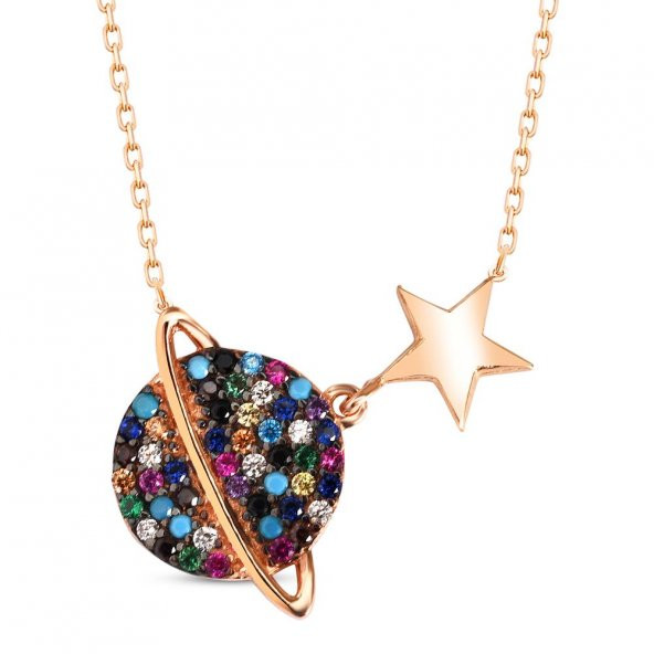 Galaksi Gezegen Tasarımlı Renkli Nano Taşlı Gümüş Kolye ürün görseli