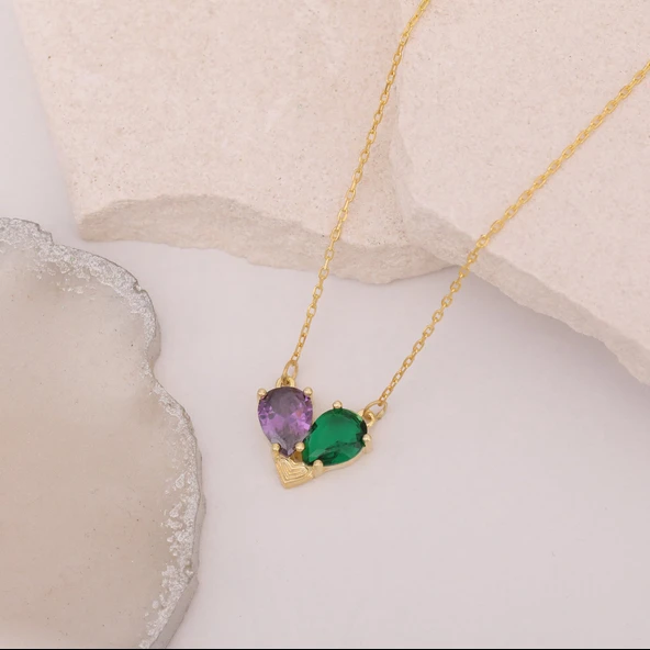 Vaoov 925 Ayar Gümüş Renkli Damla Taşlı Kalp Kolye - Resim 3