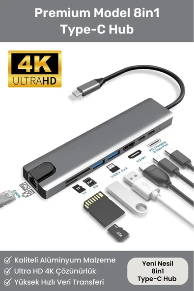 8 Girişli Macbook Pro Air Usb Type-c Hub Dönüştürücü Çevirici Çoklayıcı Usb Hdmi Micro SD 8in1