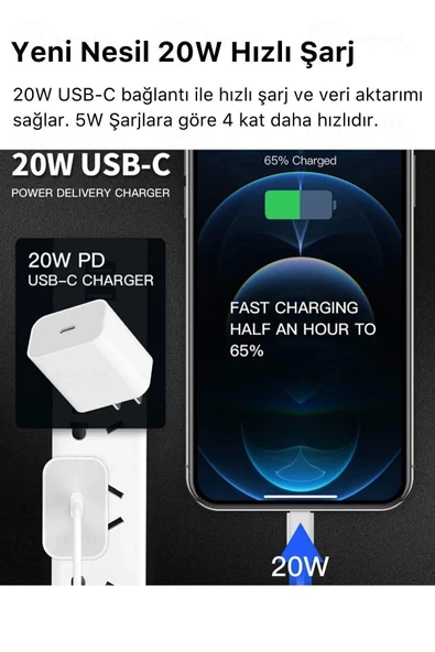 iPhone Tüm Serilere Uyumlu 20w Hızlı Şarj Aleti 7 8 X 11 12 13 14 15 16 İçin Type-C Girişli Adaptör - 3