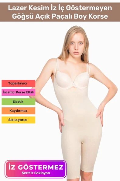 Premium Lazer Kesim İz İç Göstermeyen Kaymaz Toparlayıcı Şekillendirici Göğsü Açık Paçalı Boy Korse