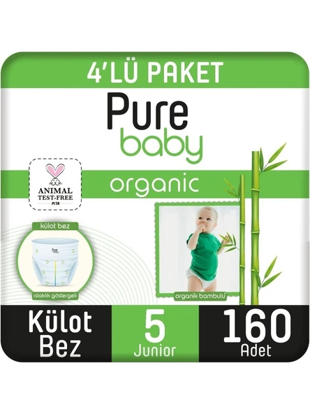 Pure Baby Organik Bambu Özlü 5 Numara Junior 160'lı Külot Bez