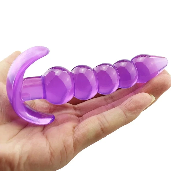 Backpart Boğumlu Şeffaf Silikon Anal Tıkaç - Mor - 2