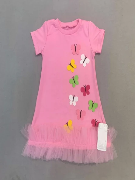 1-2-3 Yaş Renkli Kelebekler Nakışlı Eteği Fırfırlı Jile Çocuk Elbisesi Pembe - 2