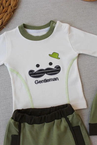 3-6 6-9 9-12 Ay Gentleman Erkek Nakışlı Şapkalı Uzun Kollu Sweat 3lü Erkek Bebek Takımı Yeşil - 2