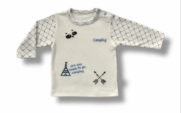 3-6 6-9 9-12 Ay My Camping Nakışlı Şapkalı Uzun Kollu Sweatli 3lü Erkek Bebek Takımı Ekru - 2