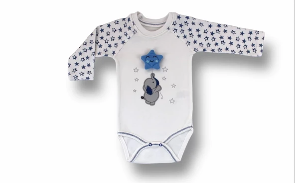 3-6 6-9 9-12 Ay Kutup Yıldızı Nakışlı Bandajlı Uzun Kollu Zıbınlı 3lü Erkek Bebek Takımı Ekru - Resim 2