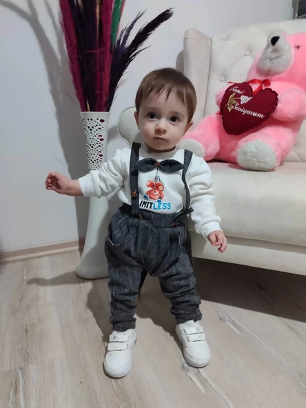 9-12-18 Ay Papyonlu Sweat Kot Pantolon 2li Erkek Bebek Salopet Takımı Gri - 4