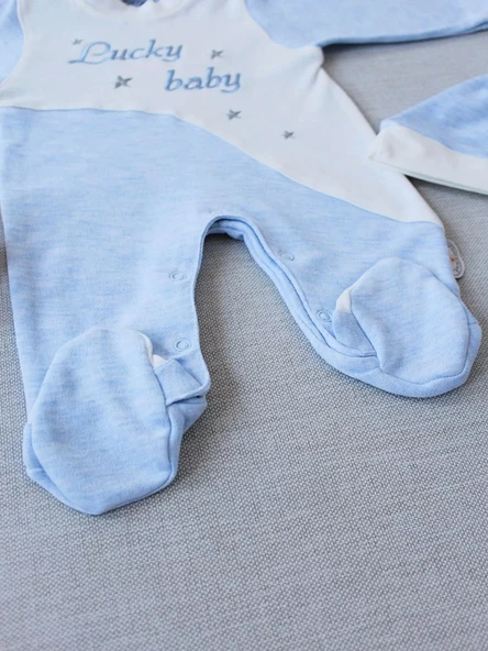 0-3 3-6 Ay Lucky Baby Nakışlı Es Çizgi Boy Şapkalı Erkek Bebek Tulumu Mavi - 3