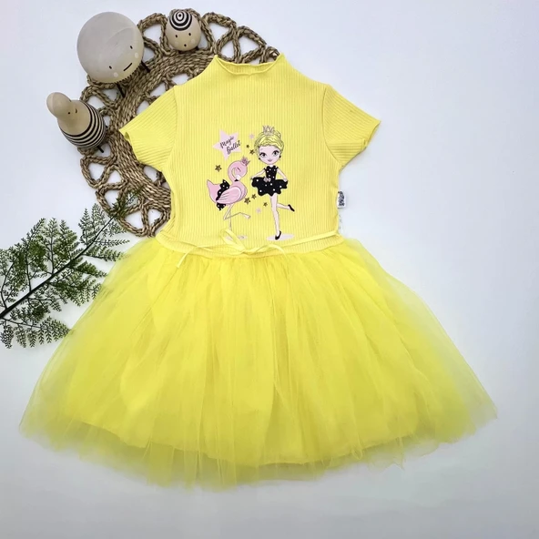 5-6-7 Yaş Flamingo Balerin Kız Baskılı Kurdela Kuşaklı Astarlı Kız Çocuk Tütü Elbise Sarı