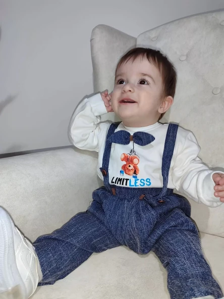 9-12-18 Ay Papyonlu Sweat Kot Pantolon 2li Erkek Bebek Salopet Takımı Lacivert - 7