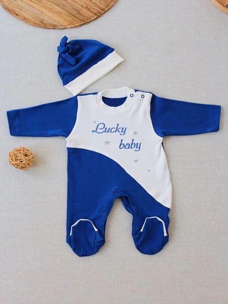 0-3 3-6 Ay Lucky Baby Nakışlı Es Çizgi Boy Şapkalı Erkek Bebek Tulumu Lacivert - 1