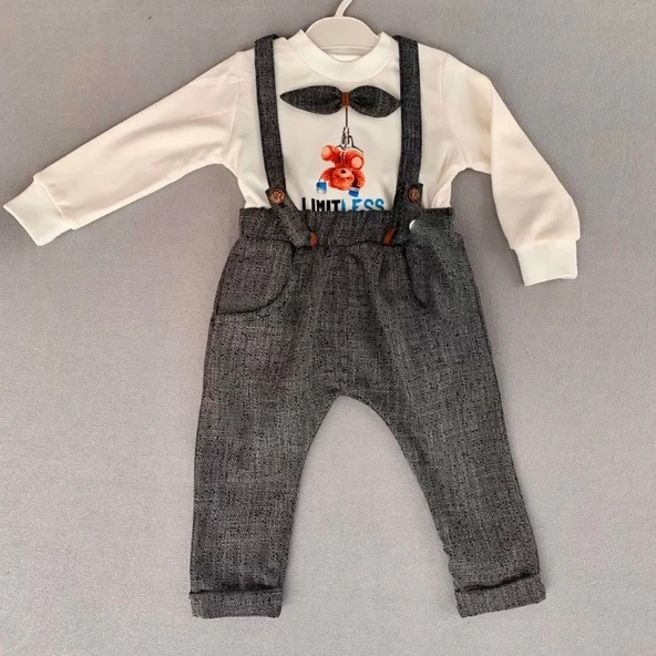 9-12-18 Ay Papyonlu Sweat Kot Pantolon 2li Erkek Bebek Salopet Takımı Gri