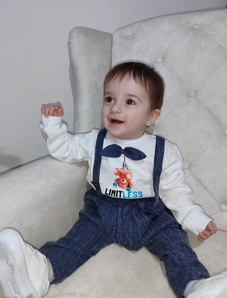 9-12-18 Ay Papyonlu Sweat Kot Pantolon 2li Erkek Bebek Salopet Takımı Lacivert - 6