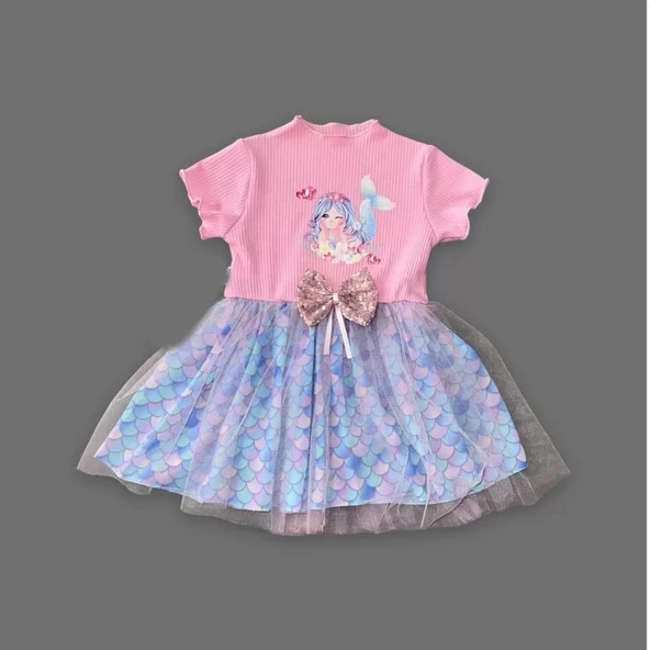 1-2-3 Yaş Denizkızı Baskılı Pul Desen Etekli Kız Bebek Elbisesi Pembe - 2