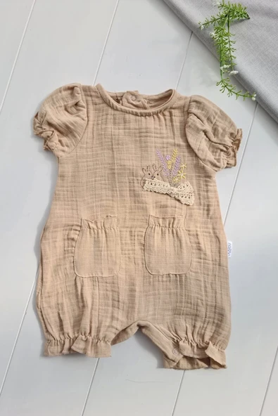 Müslin Kumaş Çiçek Nakışlı Pamuklu Kız Bebek Tulum