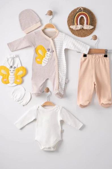 Kelebek Nakışlı Tulumlu % 100 Pamuk Erkek Bebek 5'li Set