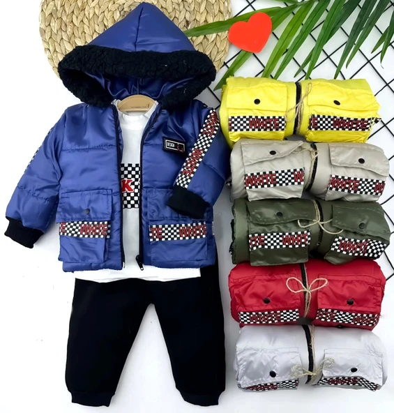 9-12-18-24 Ay Kapşonlu Fermuarlı Mont Pantolon Uzun Kollu Sweatli 3lü Kız Erkek Bebek Takımı Sarı
