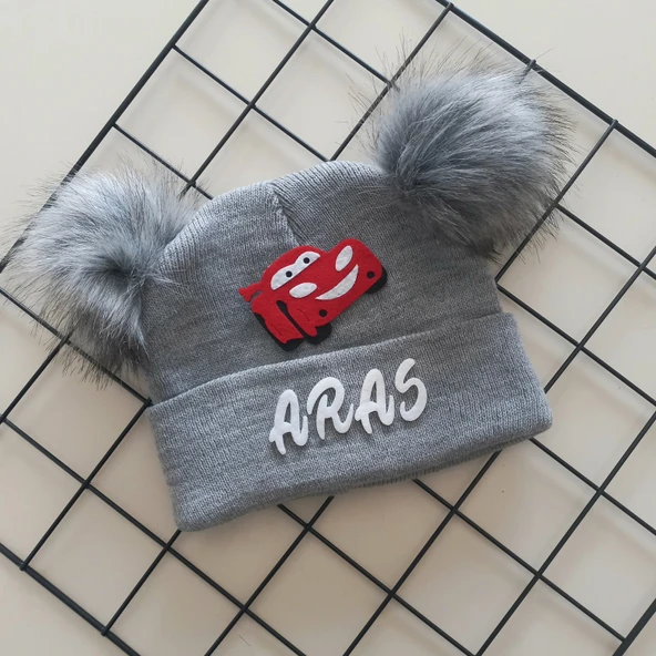 MARS BABY Erkek Bebek Çocuk Kişiye Özel İsimli Gri Çift Ponponlu Triko Bere