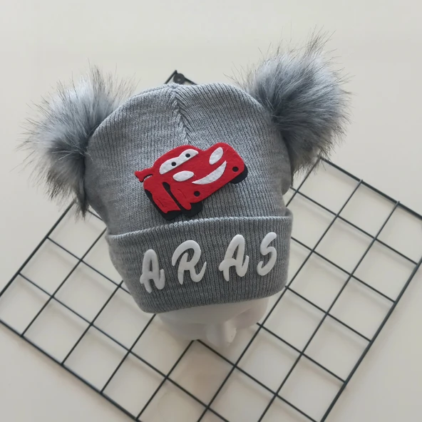 MARS BABY Erkek Bebek Çocuk Kişiye Özel İsimli  Gri Çift Ponponlu Triko Bere - 2