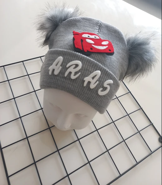 MARS BABY Erkek Bebek Çocuk Kişiye Özel İsimli  Gri Çift Ponponlu Triko Bere - 3