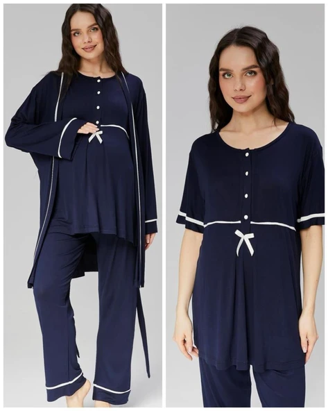 BirolGaye 509 Lacivert  Hamile Lohusa 3 Lü Pijama Sabahlık Tk - Resim 5