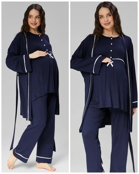 BirolGaye 509 Lacivert  Hamile Lohusa 3 Lü Pijama Sabahlık Tk - Resim 4