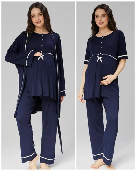 BirolGaye 509 Lacivert  Hamile Lohusa 3 Lü Pijama Sabahlık Tk