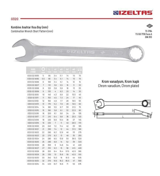 İZELTAŞ KOMBİNE ANAHTAR KISA BOY 6 MM