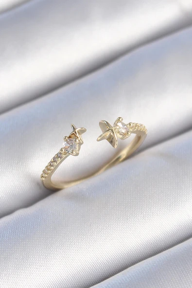 Pirinç Gold Renk Zirkon Taş Detay Yıldız Model Kadın Yüzük - TJ-BYK3446