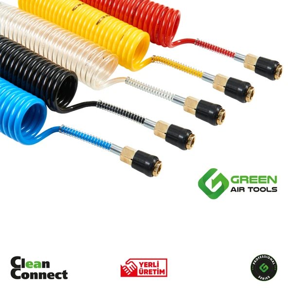 Green Air Tools Jaklı Spiral Hava Hortumu PE 5x8x10 Metre Stoperli