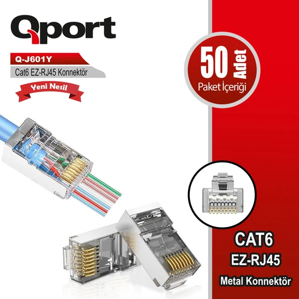 Qport Q-J601Y CAT6 50'Lik EZ-RJ45 Metal Yeni Nesil Delikli Konnektör