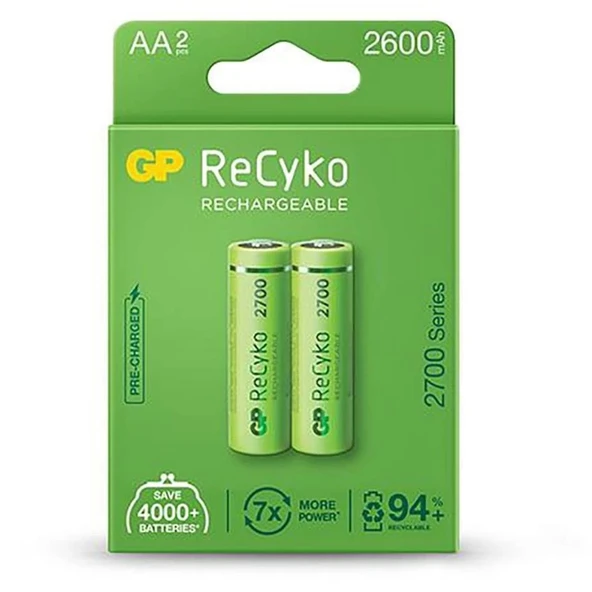 GP 2600 R6 AA KALEM ŞARJLI PİL 2Lİ BLS PAKET RECYKO YEŞİL (4172)