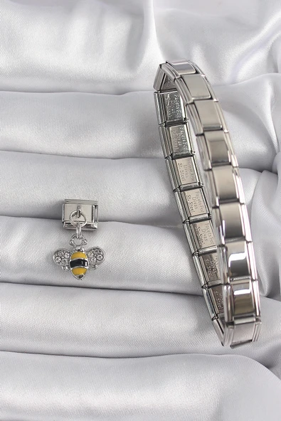 316L Çelik Gümüş Renk Sallantı Zirkon Taşlı Arı Model Nomination Charm - TJ-BC1143 - 2