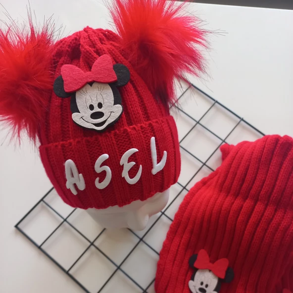 MARS BABY Bebek Kız Çocuk İsimli Kırmızı Minnie Çift Ponponlu Atkı Bere Takımı - 2