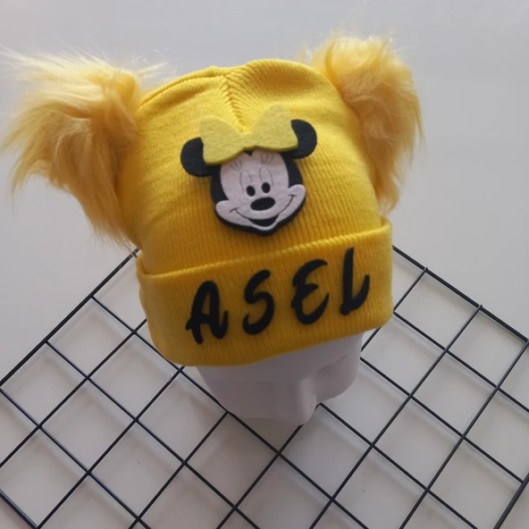 MARS BABY Kız Bebek Çocuk Kişiye Özel İsimli Sarı Çift Ponponlu Triko Bere - 2